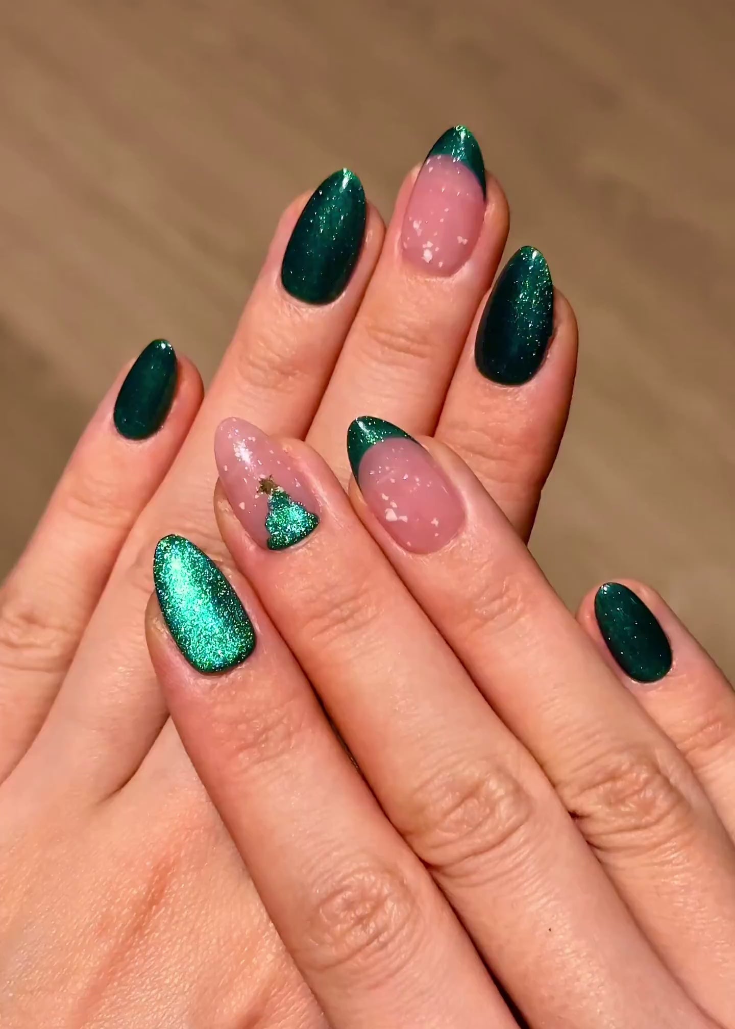 Green French Tip Almonds with Glitter Accents — Winter Green Nails