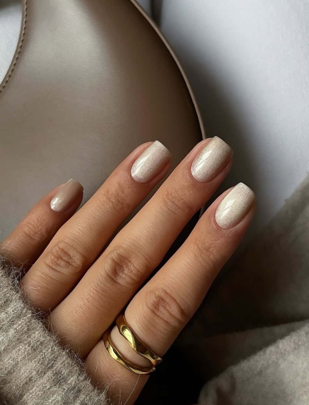 Light Beige Shimmer Square Nails Light Beige Shimmer Square Nails — Short Winter Square Nails