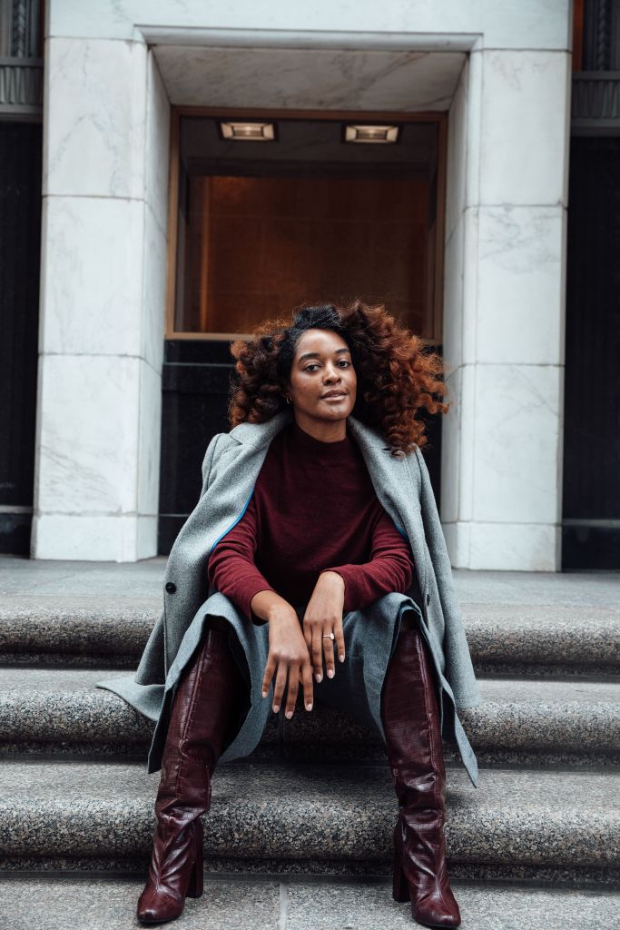 Burgundy Knee-High Boots with Grey Trousers and Sweater Burgundy Knee-High Boots with Grey Trousers and Sweater — Knee High Boots Outfits