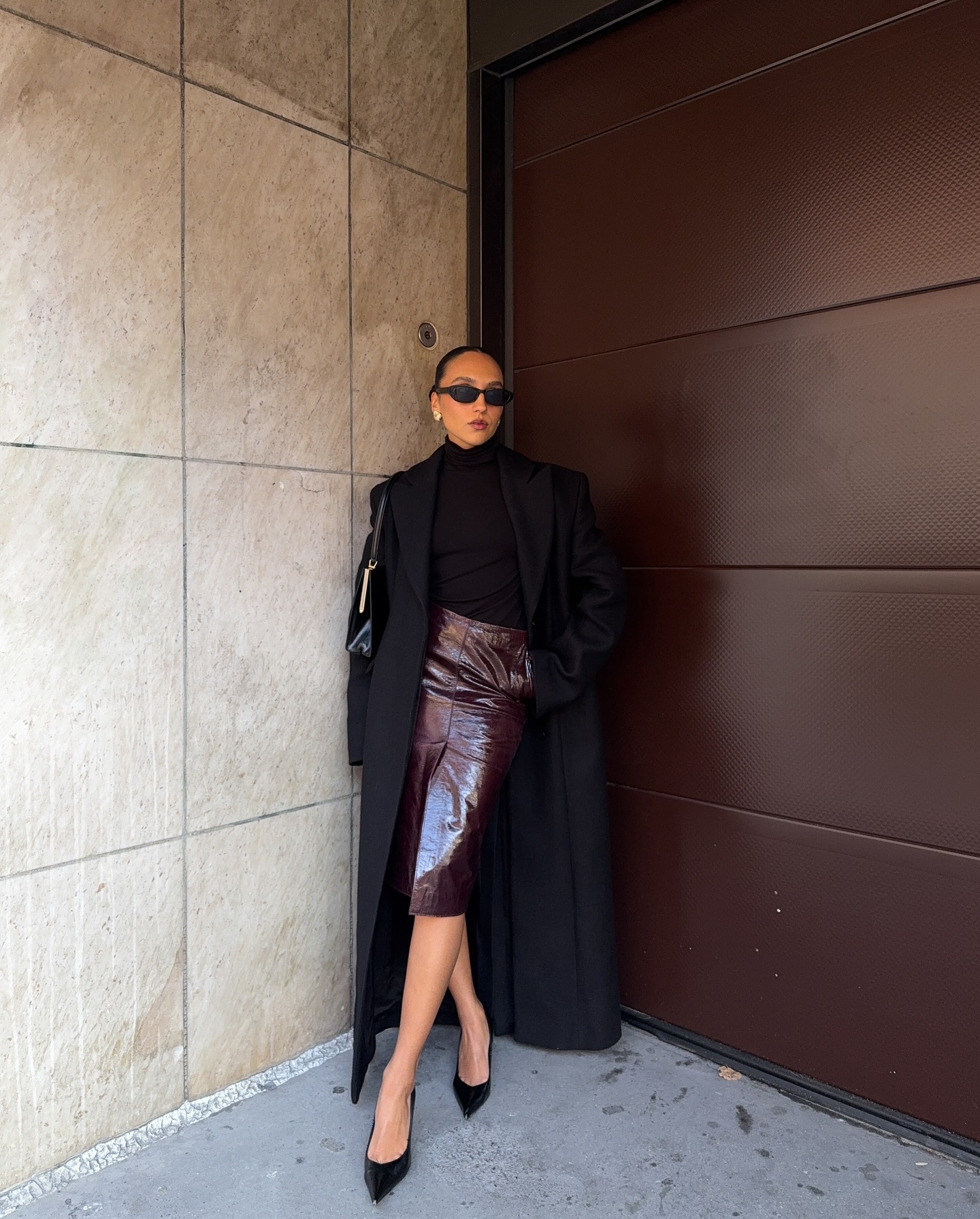 Sleek Sophistication: Burgundy Patent Leather Skirt with Turtleneck and Coat Sleek Sophistication: Burgundy Patent Leather Skirt with Turtleneck and Coat — Leather Skirt Outfits