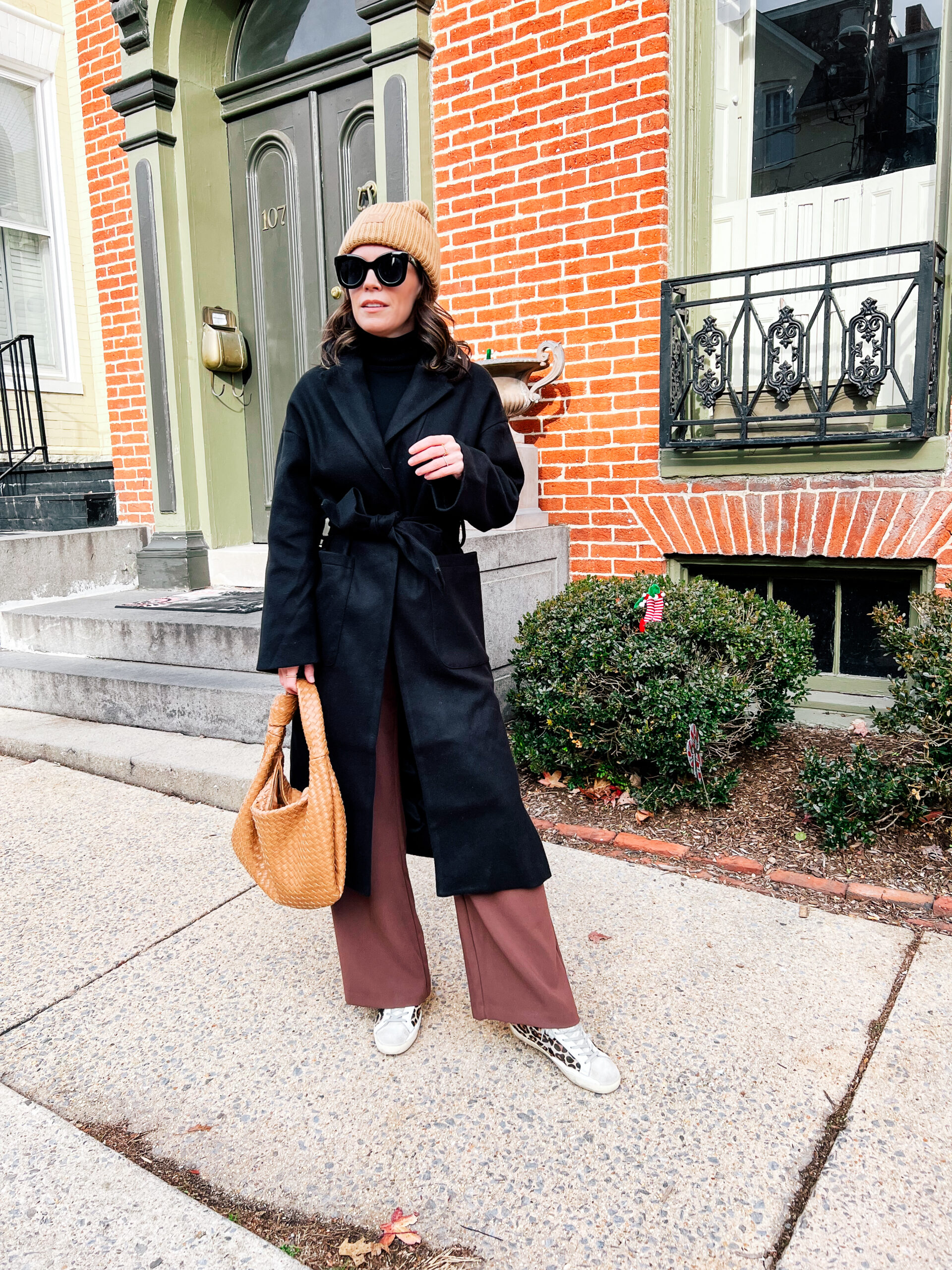 Long Black Coat with Leopard Sneakers — Wool Coat Outfits