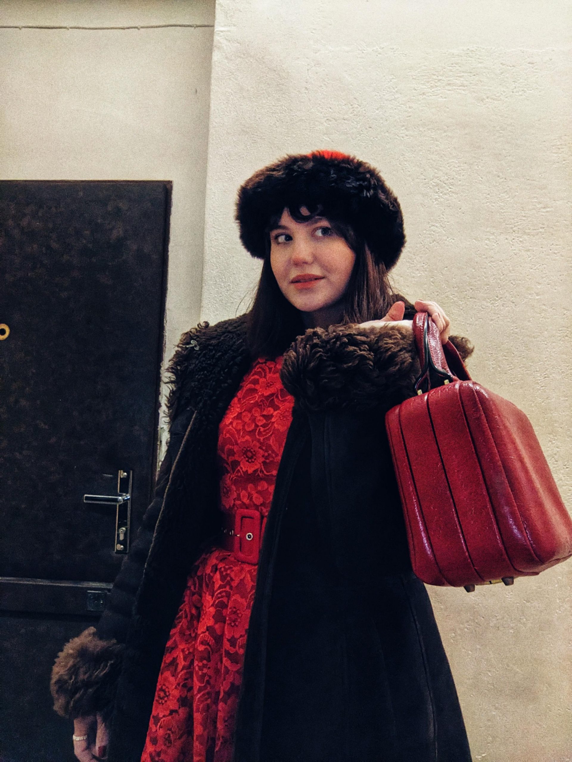 Dramatic Faux Fur Coat with Lace Dress — Europe Winter Outfits