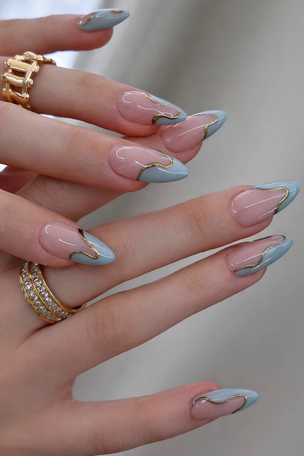 Abstract Gold Lines on Blue French Abstract Gold Lines on Blue French — French Nail Designs