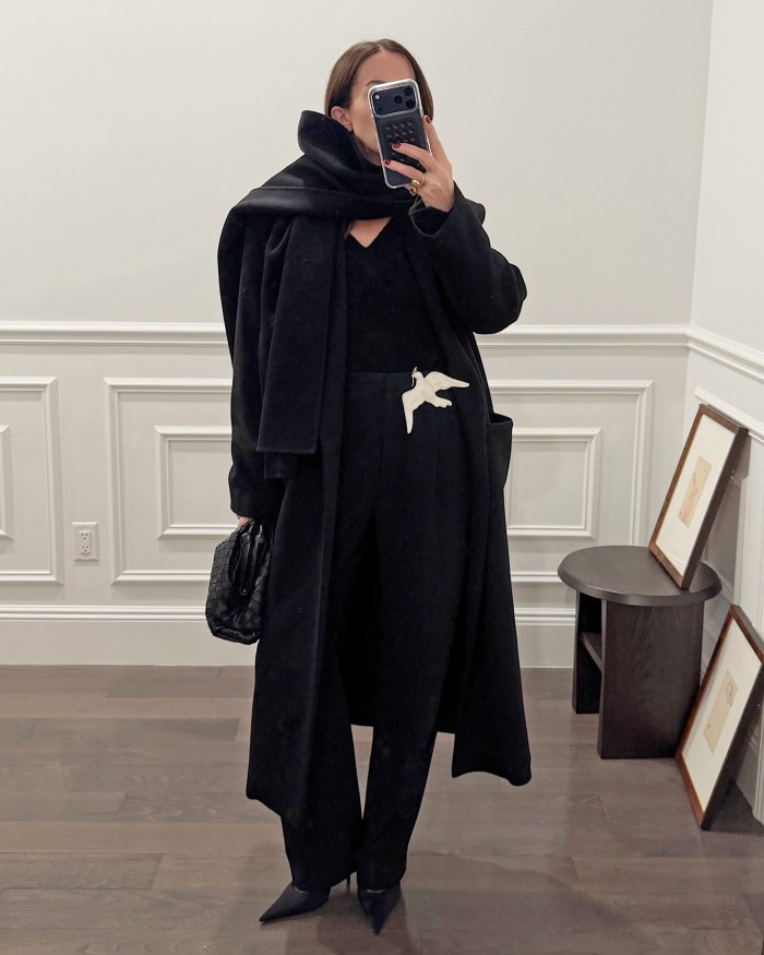 Monochromatic Black with Oversized Scarf Detail Monochromatic Black with Oversized Scarf Detail — Black Coat Outfits