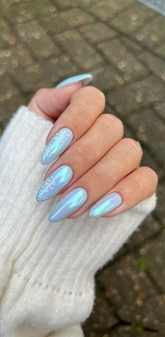 Iridescent Chrome Snowflake Almond Nails Iridescent Chrome Snowflake Almond Nails — Icy Blue Nails