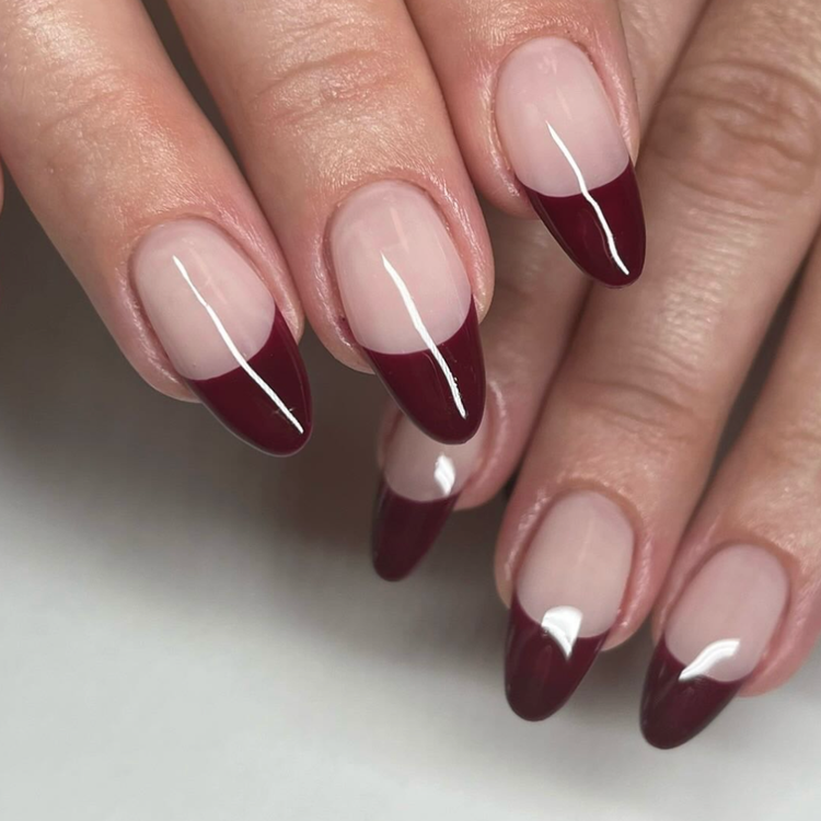 Deep Red Glossy French Tip Almonds — Winter Red Nails