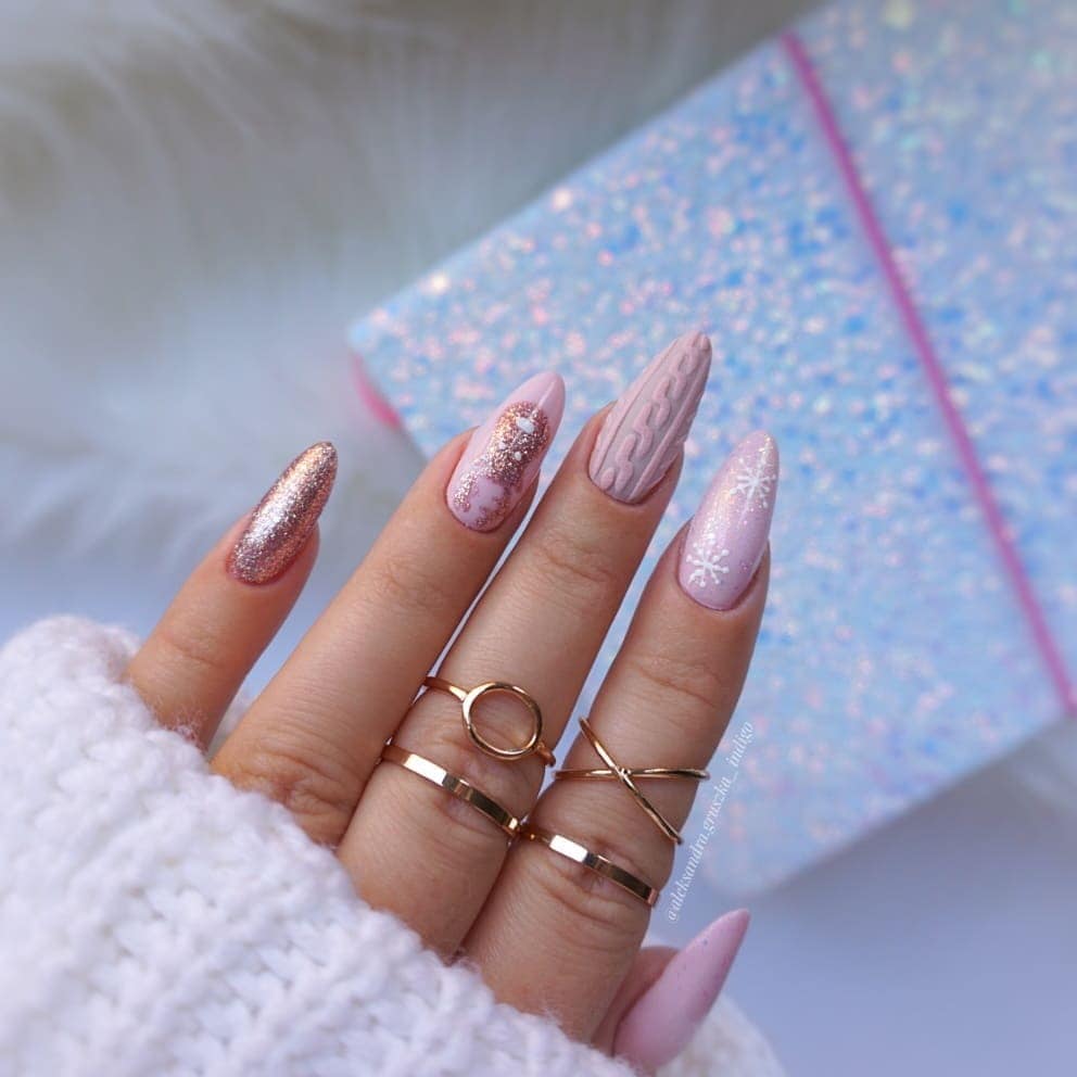 Long Stiletto Matte Pale Pink with Knit, Snowflakes, and Glitter Long Stiletto Matte Pale Pink with Knit, Snowflakes, and Glitter — Winter Pink Nails