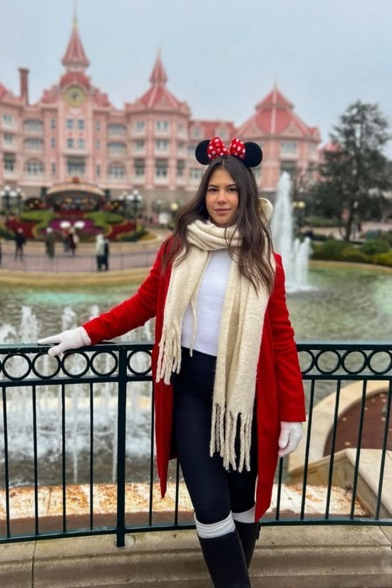 Red Coat with Cream Scarf and Minnie Ears — Disney Winter Outfits