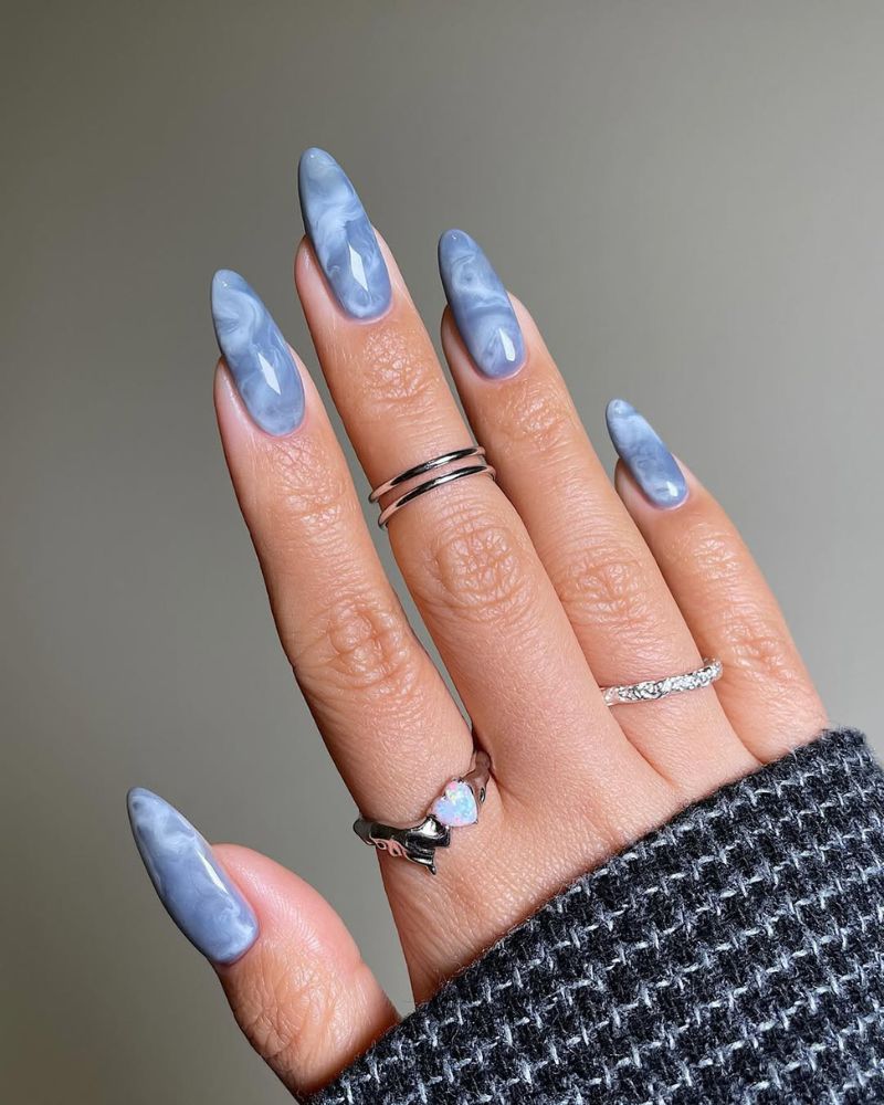 Fluid Blue and Grey Abstract Marble — Winter Marble Nails
