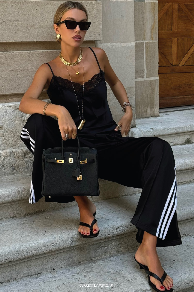 Evening Casual: Black Adidas Sweatpants with Lace Camisole and Gold Jewelry — Sweatpants Outfits