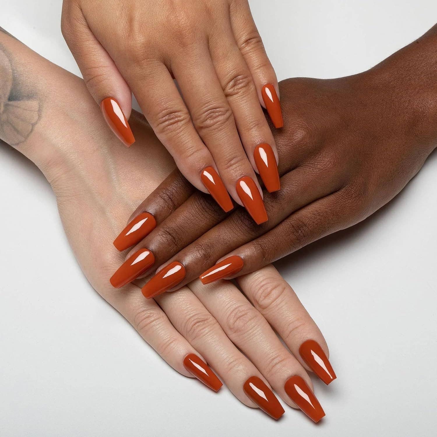 Vibrant Burnt Orange Glossy Coffin Nails — Winter Acrylic Nail Colors