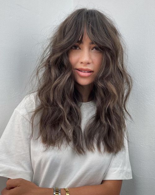 Dark Brown Waves With Curtain Bangs Dark Brown Waves With Curtain Bangs — Winter Haircuts for Long Faces