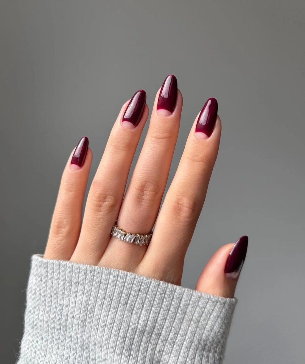 Glossy Deep Burgundy with Sheer Half-Moon Glossy Deep Burgundy with Sheer Half-Moon — Short Winter Acrylic Nails