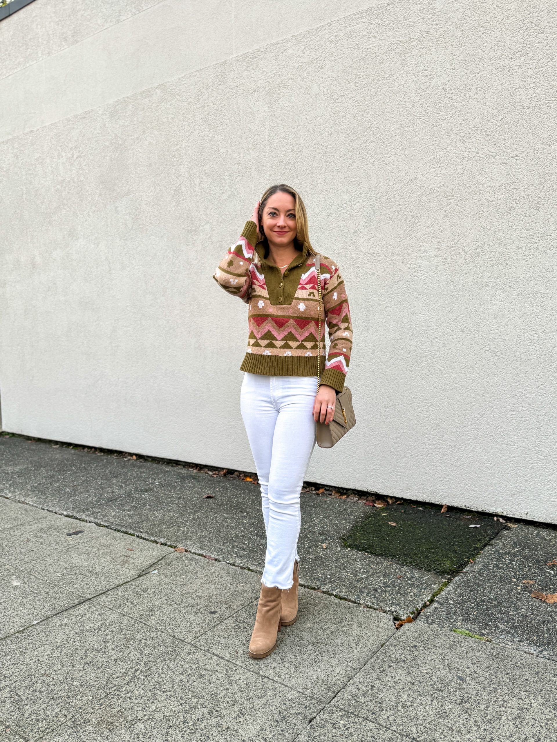 Fair Isle Quarter-Zip Sweater with Slim Jeans — Cabin Trip Outfits