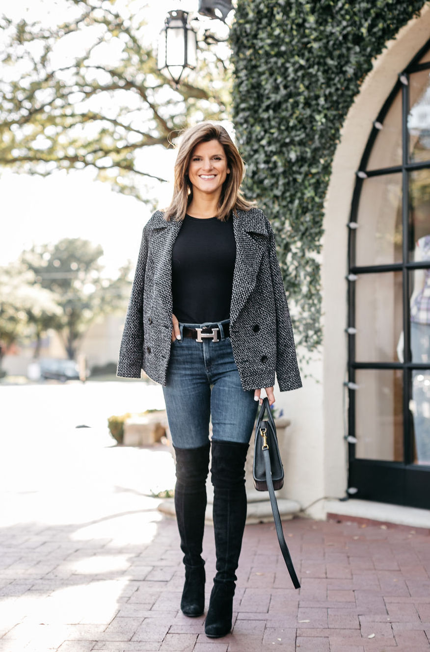 Patterned Tweed Jacket with Over-the-Knee Boots Patterned Tweed Jacket with Over-the-Knee Boots — Late Winter Outfits