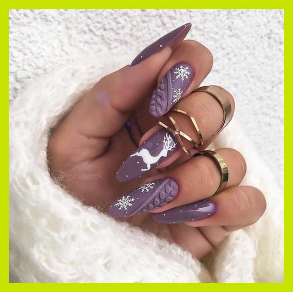 Muted Purple Reindeer & Snowflake Stilettos — Winter Purple Nails