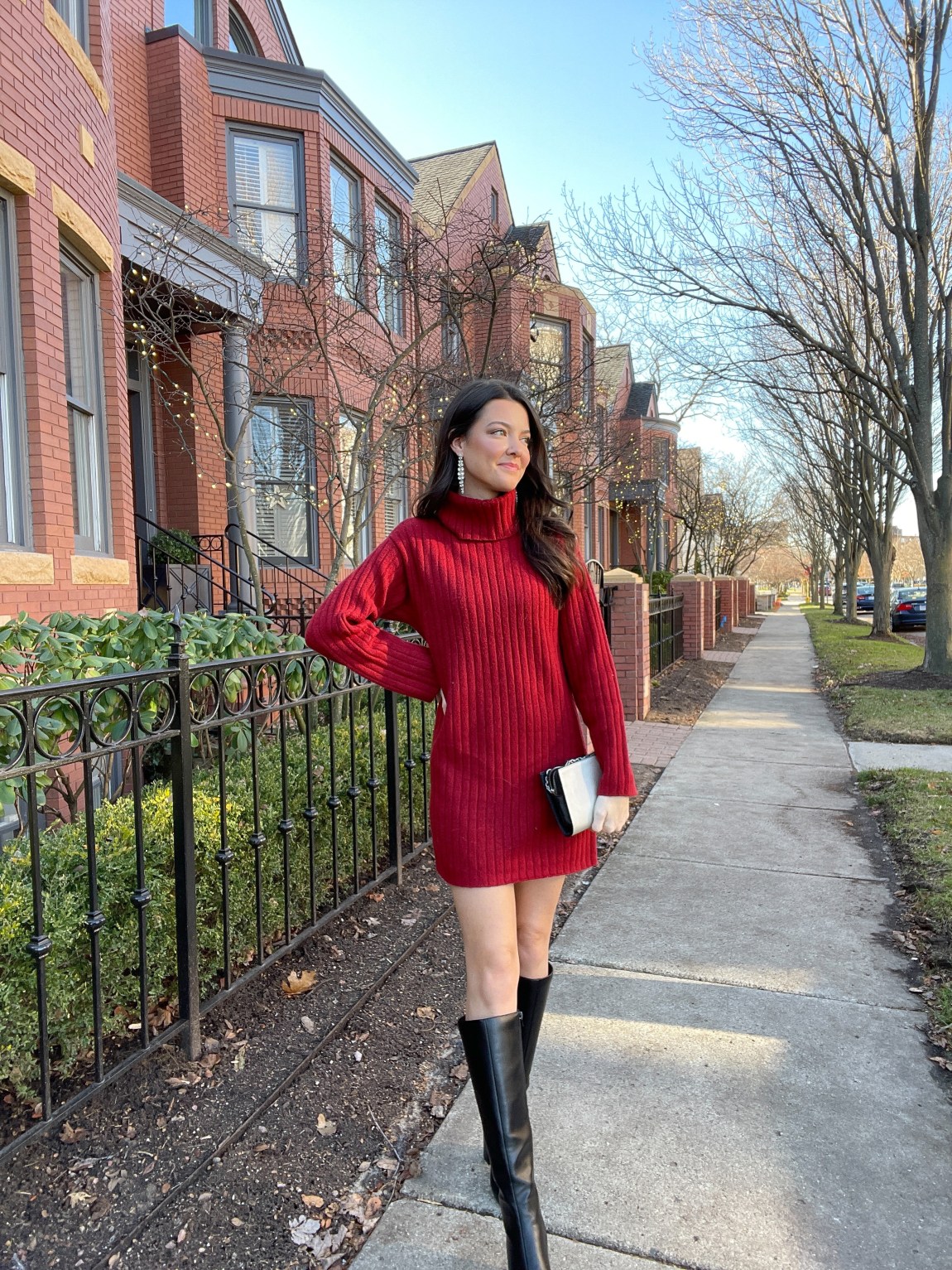 Vibrant Red Sweater Dress with Knee-High Boots Vibrant Red Sweater Dress with Knee-High Boots — Winter Going Out Outfits