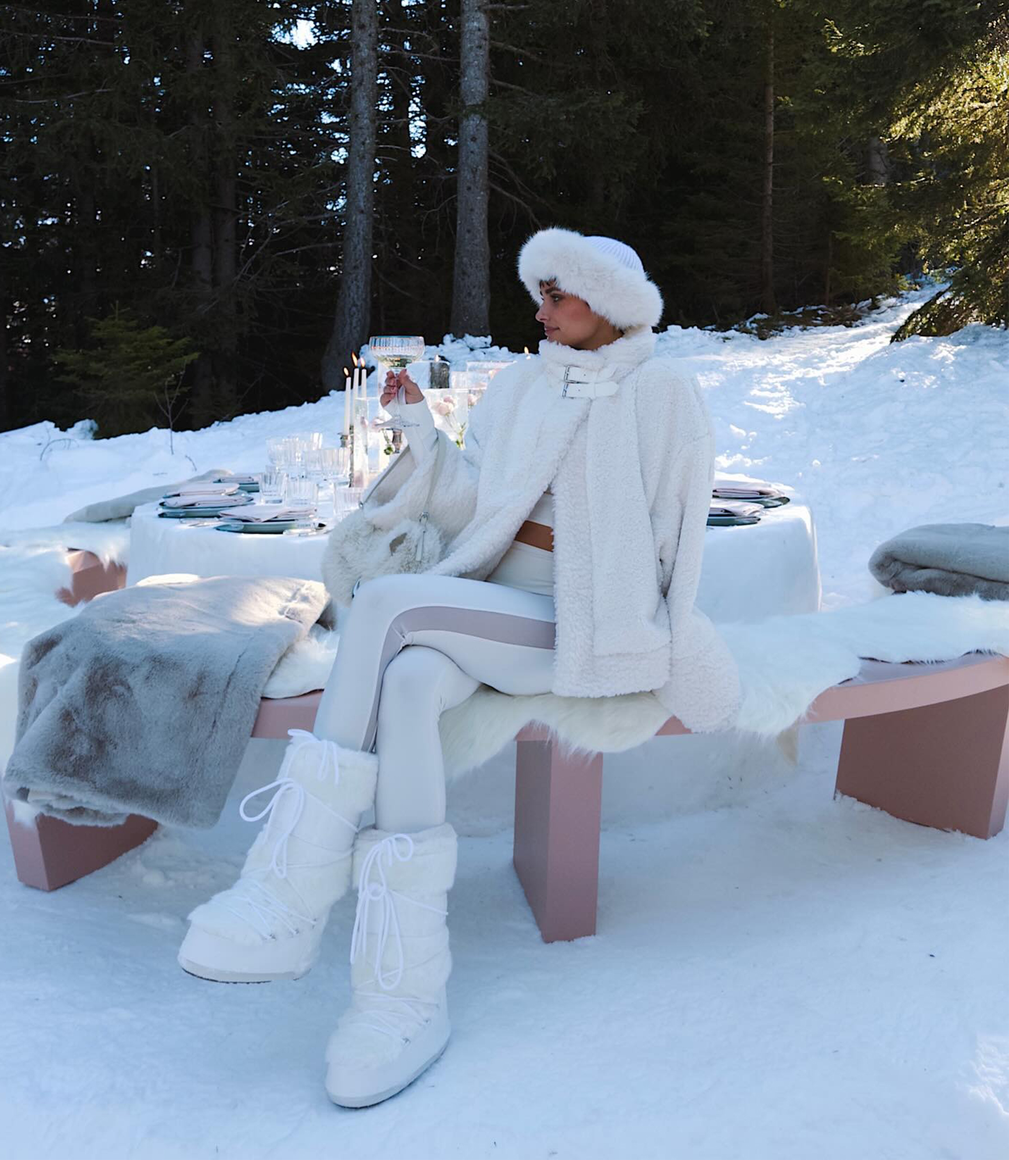 Monochromatic White Cozy Outfit with Fluffy Accents — Moon Boots Outfits