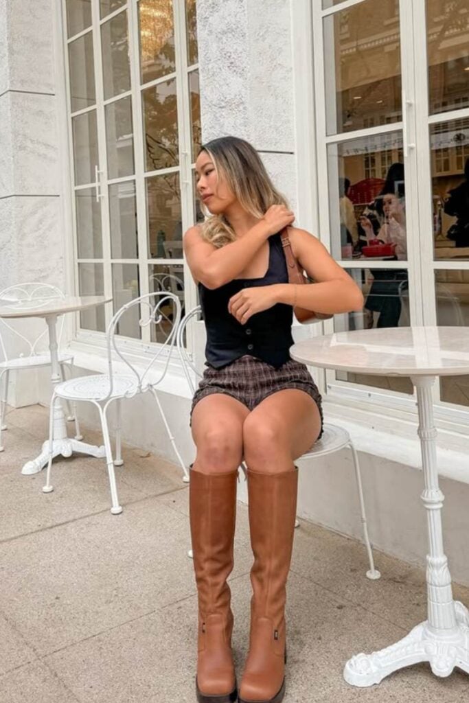 Playful Plaid Shorts and Vest with Platform Knee-High Boots Playful Plaid Shorts and Vest with Platform Knee-High Boots — Knee High Boots Outfits