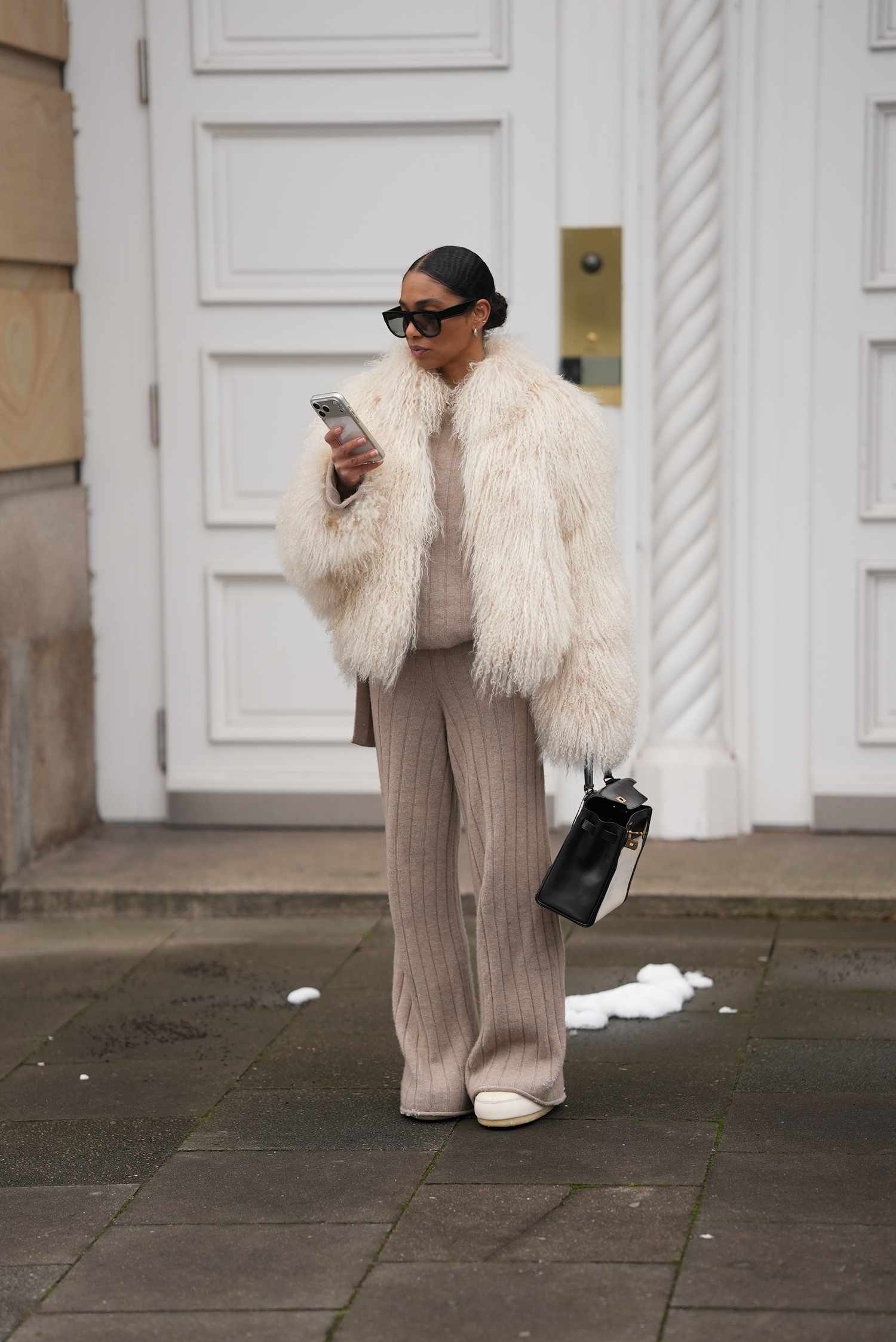 Shaggy Faux Fur Jacket with Knit Set — Europe Winter Outfits