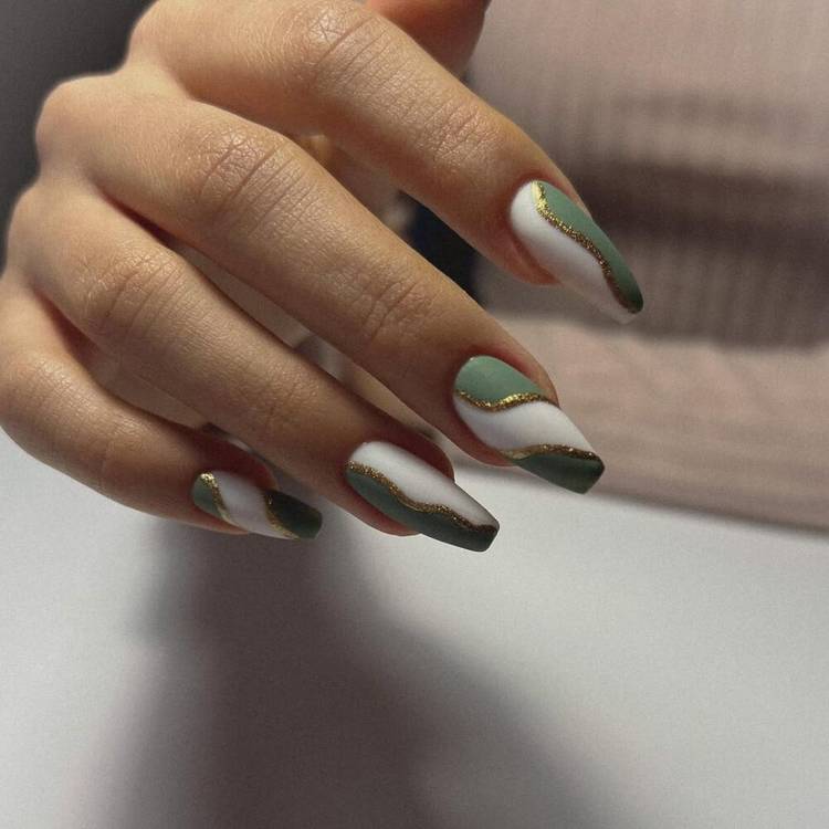 White Sage Green And Gold Visual Idea — Coffin Nail Designs