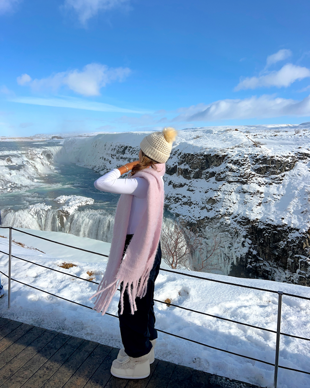 Pale Pink Fuzzy Scarf and Beige Beanie with Navy Pants Pale Pink Fuzzy Scarf and Beige Beanie with Navy Pants — Iceland Winter Outfits