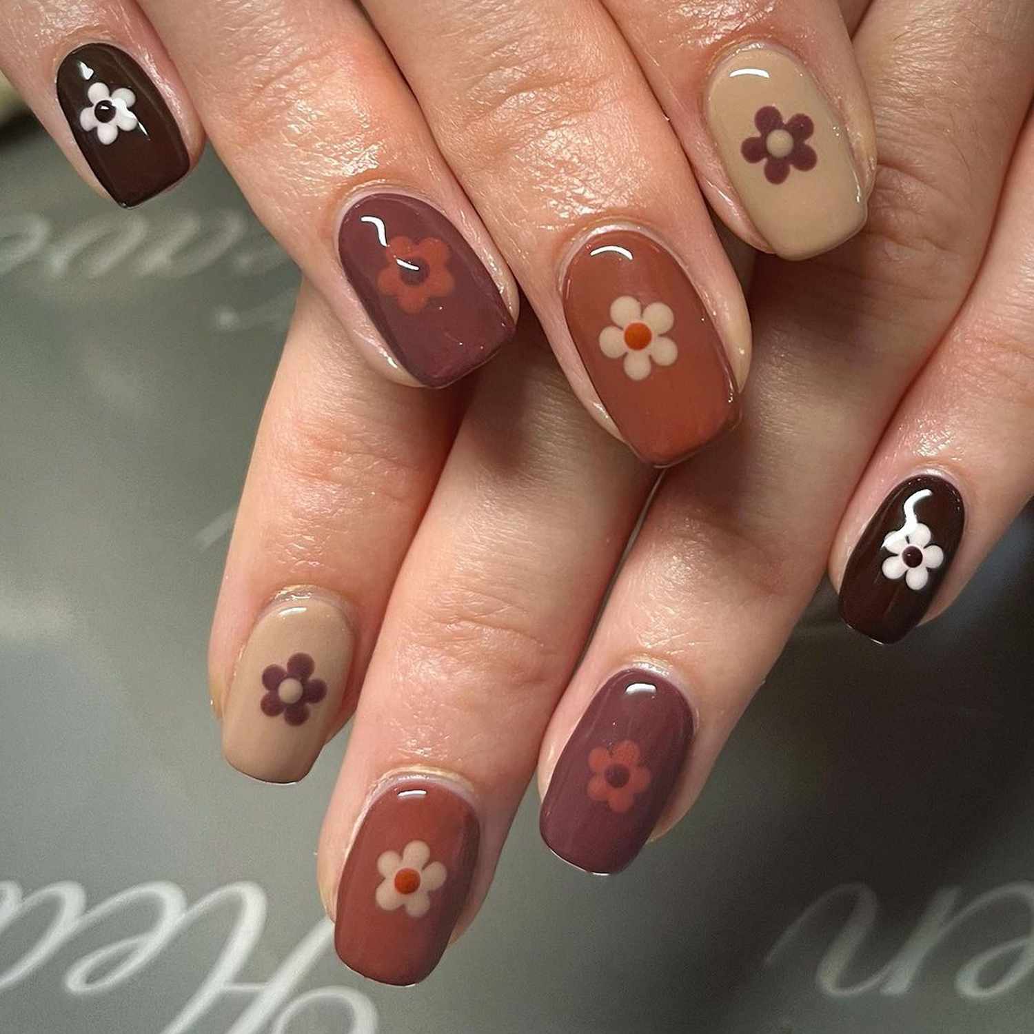 Brown Floral Motif Short Oval Nails — Brown Nail Designs