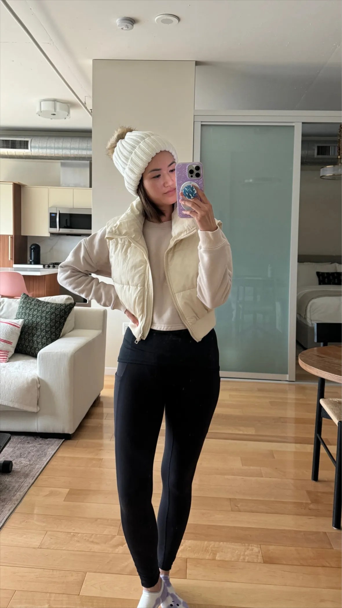 Puffer Vest Pop: Cream Vest with Purple Clogs — Comfy Winter Outfits