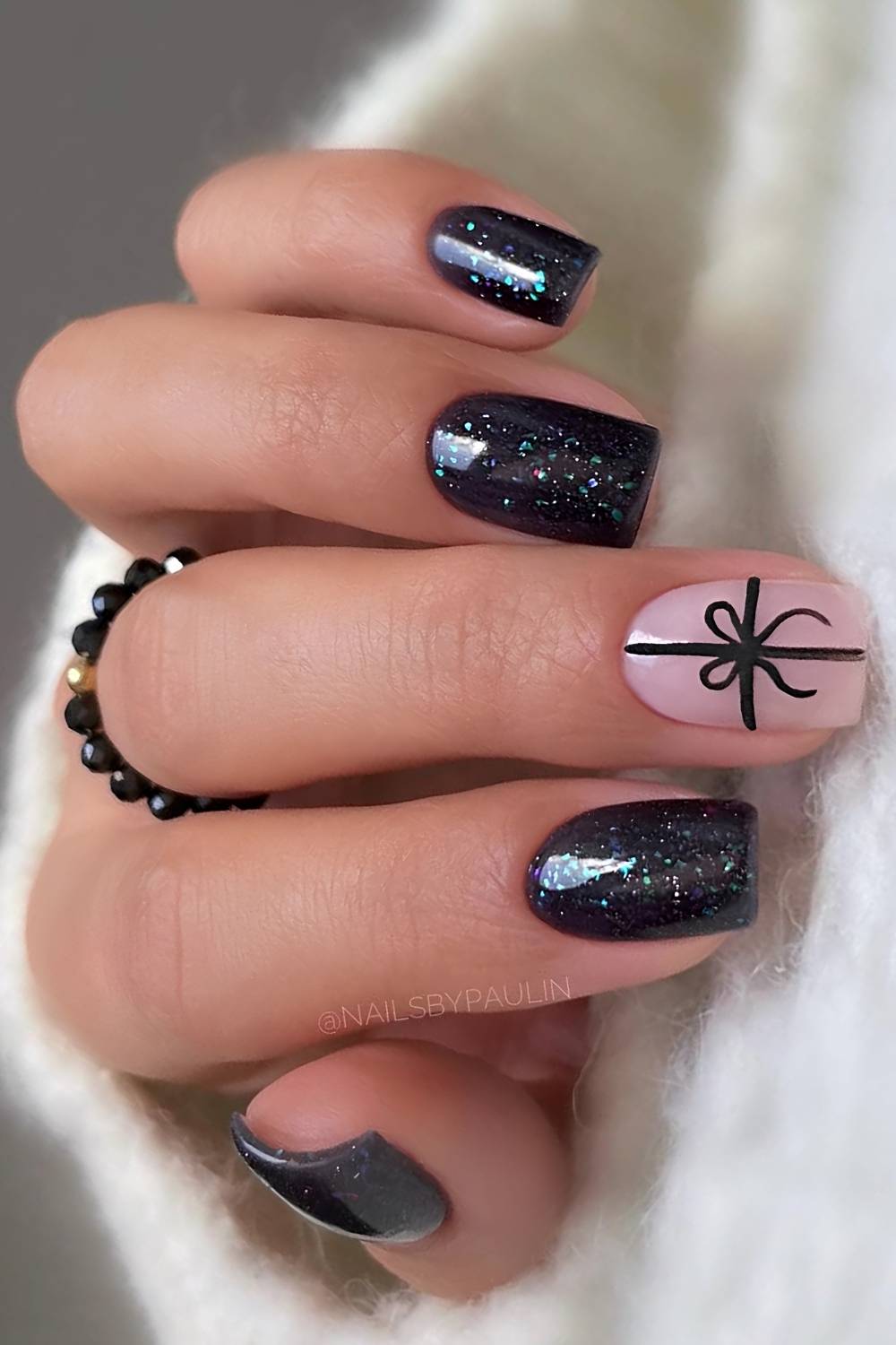 Playful Black Glitter and Pink Bow Nails — Winter Black Nails