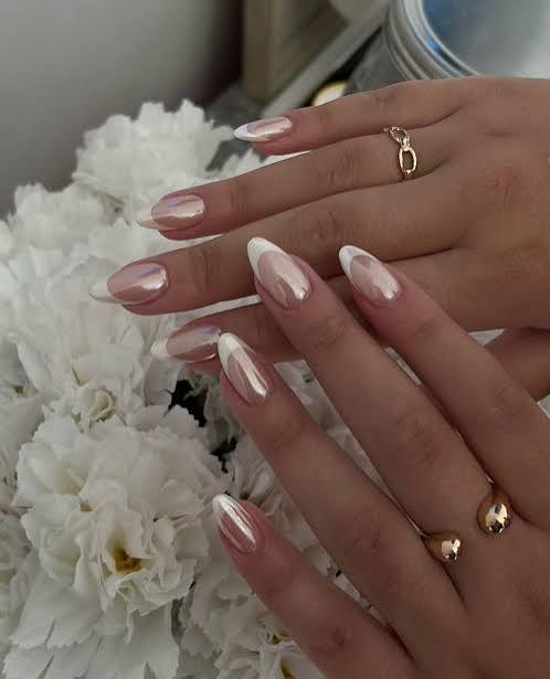 Chrome Accent French Tip Almond Nails — Winter Wedding Nails