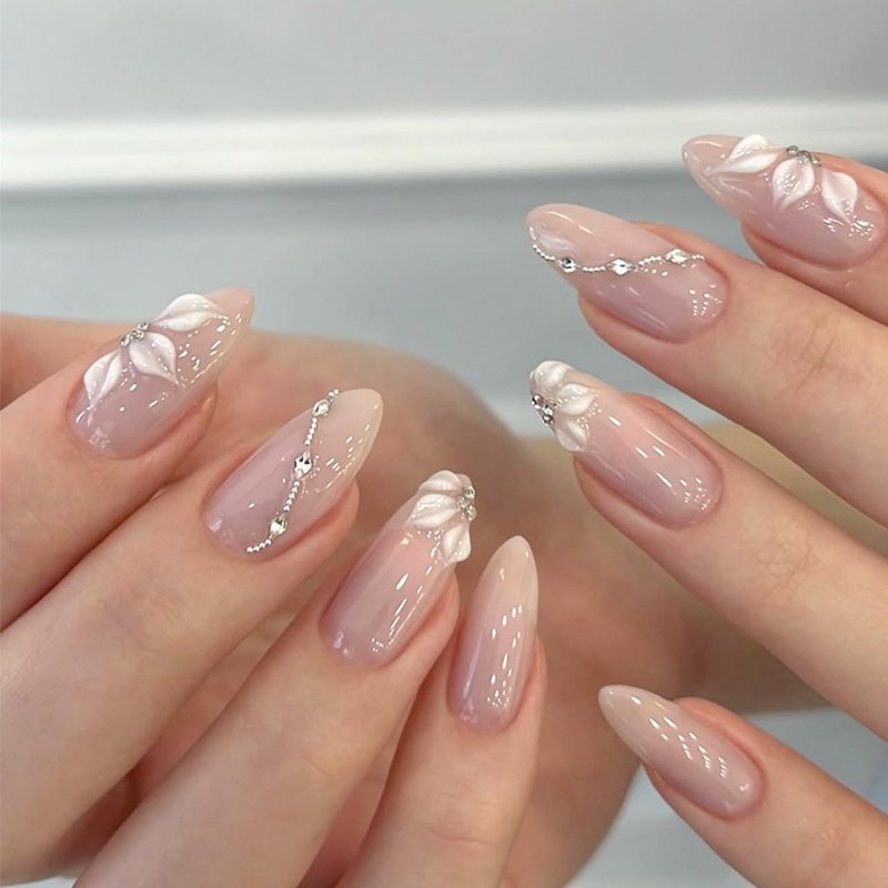 Long Almond 3D Floral Rhinestone Chain Nails Long Almond 3D Floral Rhinestone Chain Nails — Almond Nail Designs
