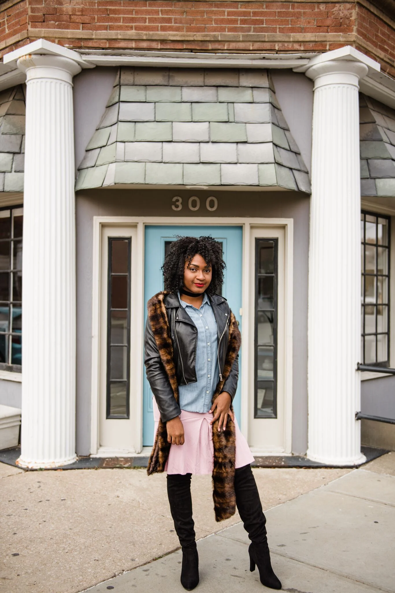 Black Over-the-Knee Boots with Denim Shirt, Leather Jacket, and Pink Skirt Black Over-the-Knee Boots with Denim Shirt, Leather Jacket, and Pink Skirt — Over the Knee Boots Outfits