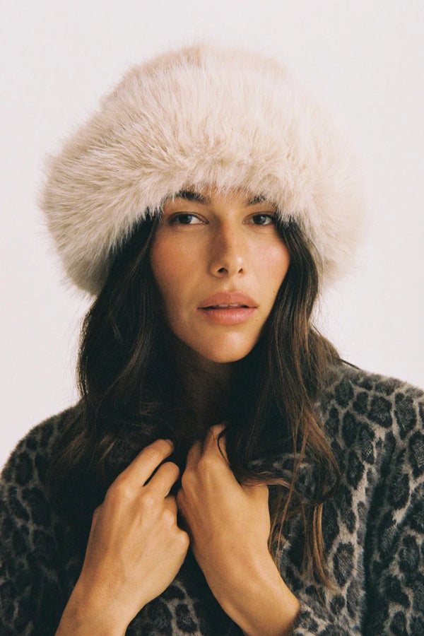 Fluffy Cream Faux Fur Hat with Leopard Print Coat — Fur Hat Outfits