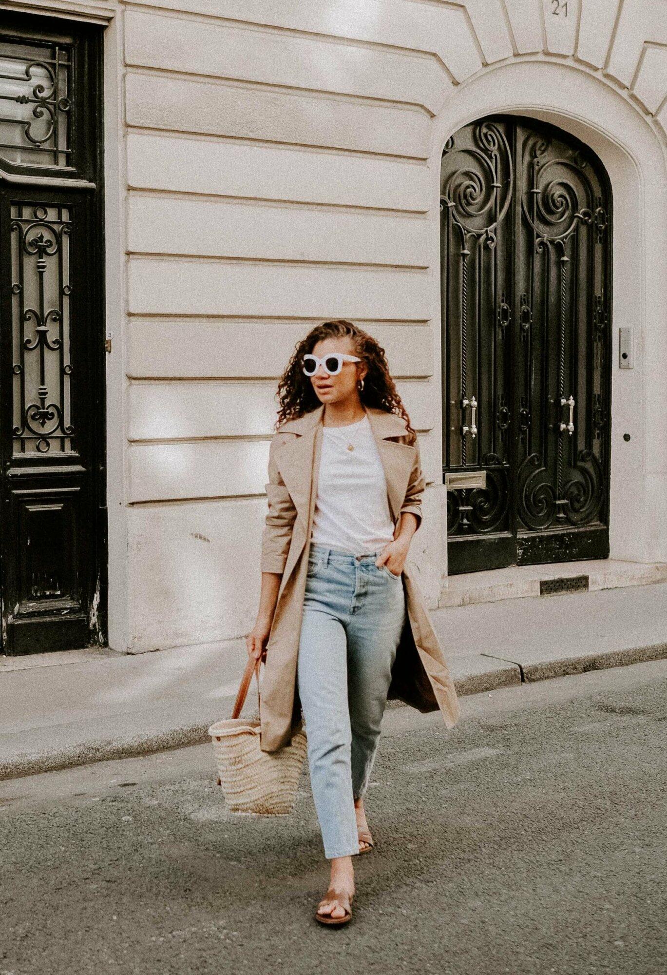 Beige Trench Coat with White Tee and Straight-Leg Jeans — Winter to Spring Transition Outfits