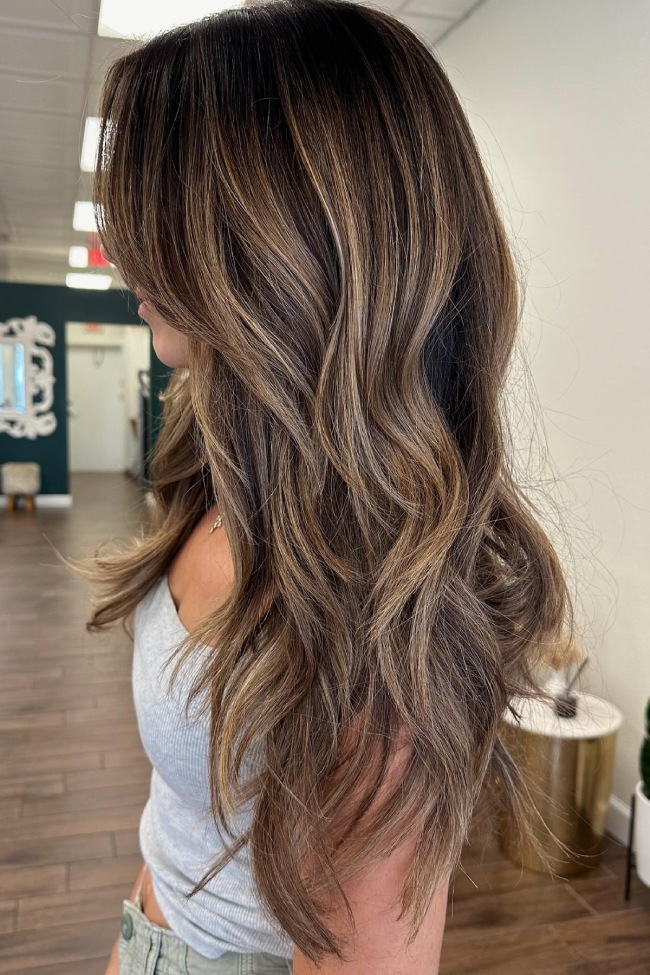 Collarbone Wavy Blowout With Ash Brown Balayage — Ash Brown Hair