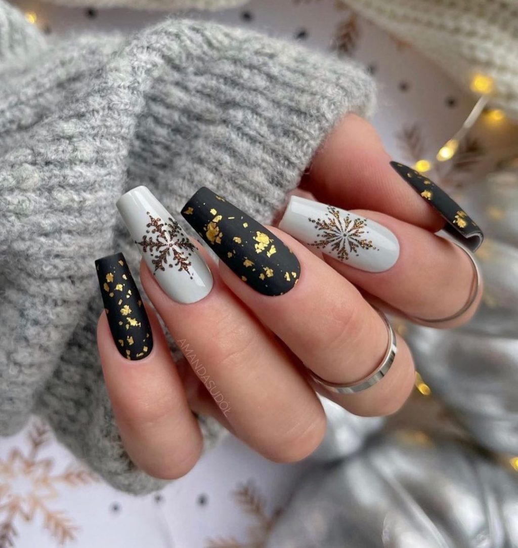 Matte Black and White with Gold Foil — Winter Nails