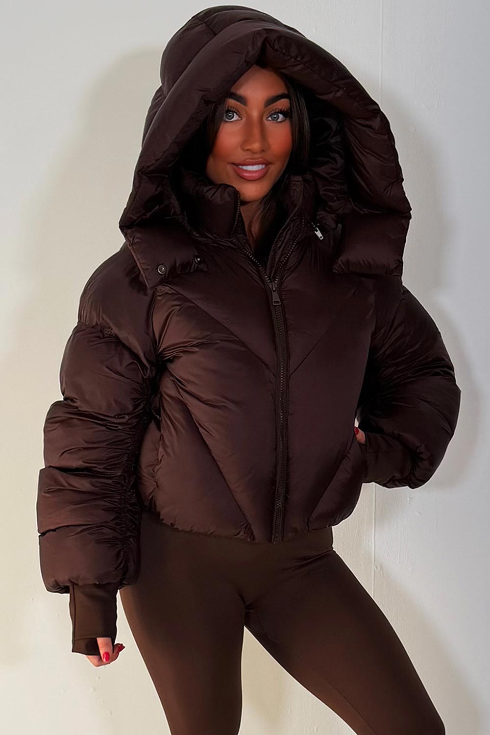 Oversized Brown Puffer with Ruched Sleeves Oversized Brown Puffer with Ruched Sleeves — Winter Puffer Jacket Outfits