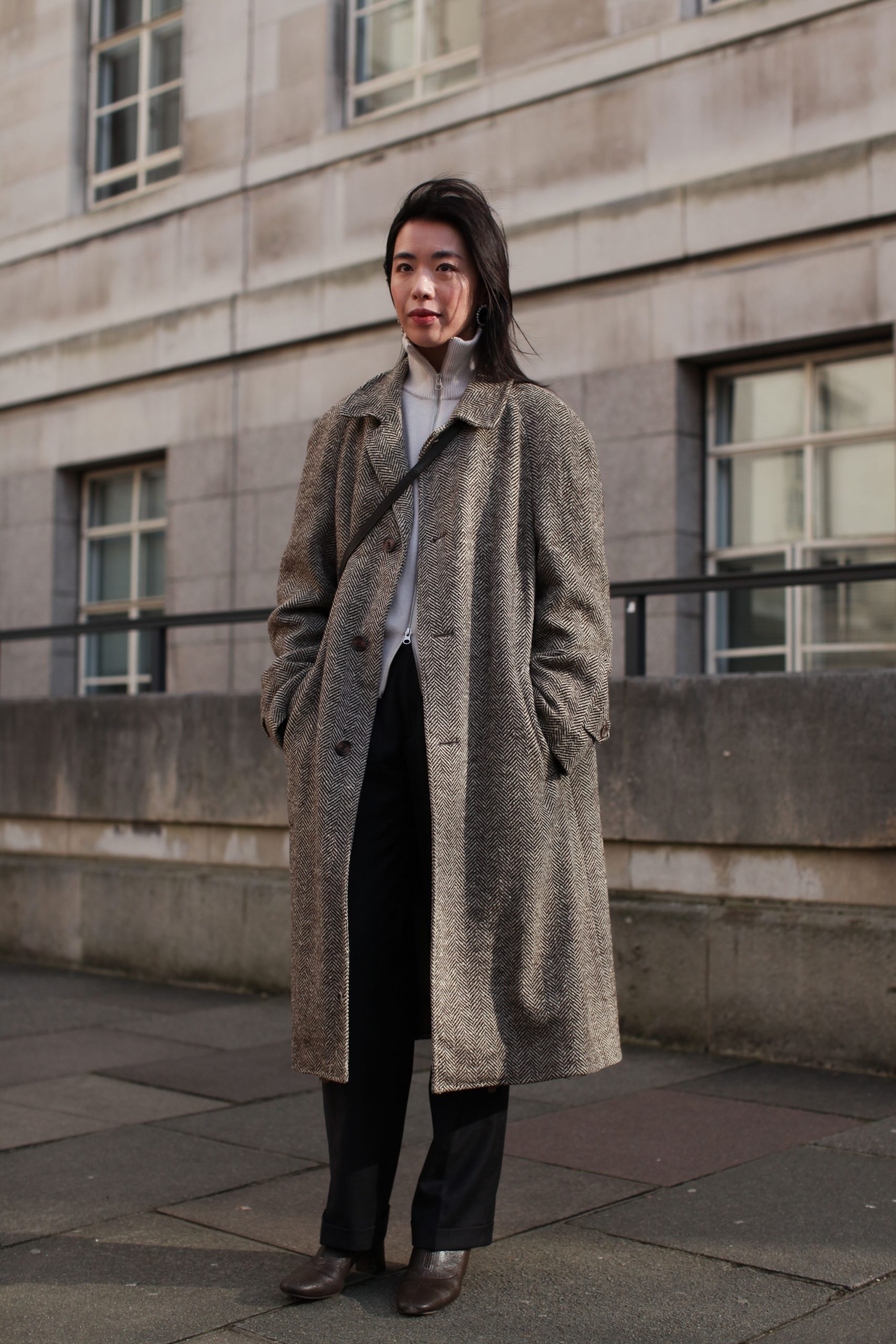Herringbone Wool Coat with Neutral Tones — Wool Coat Outfits