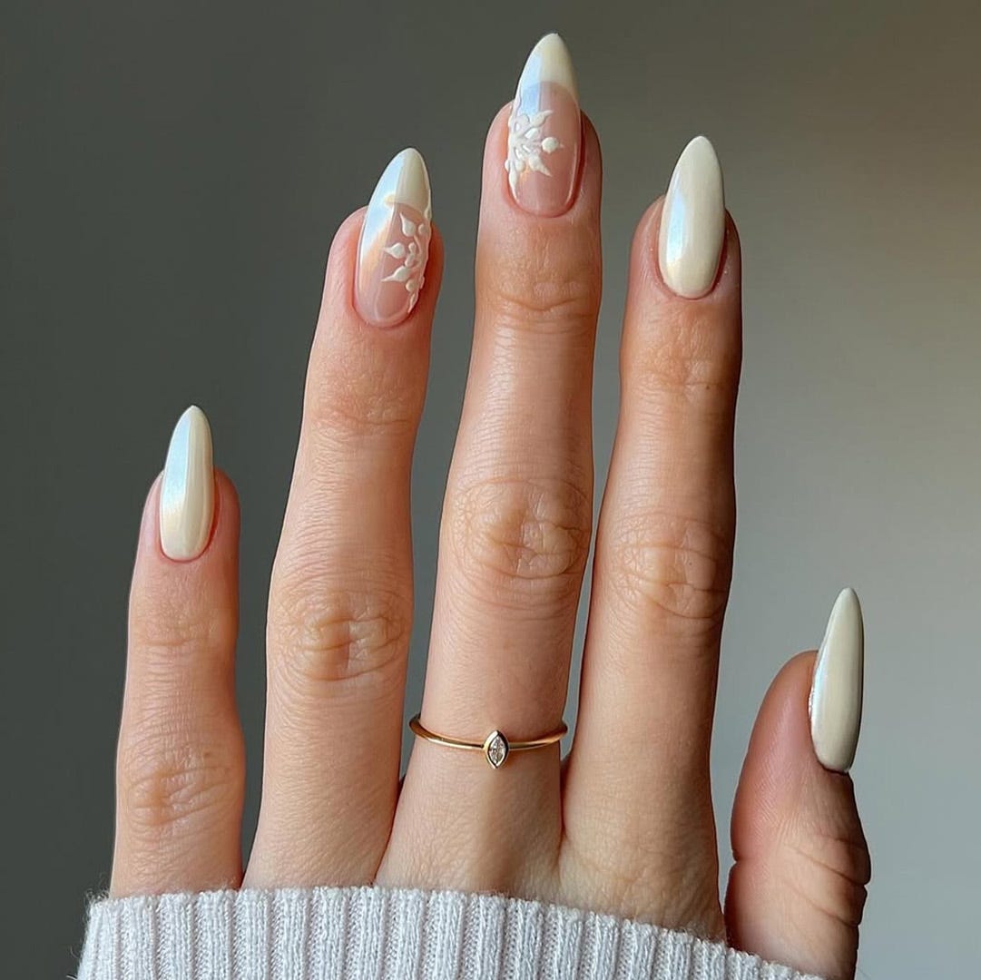 Pearlescent Milky White Snowflake French Long Almond Nails Pearlescent Milky White Snowflake French Long Almond Nails — Natural Winter Nails