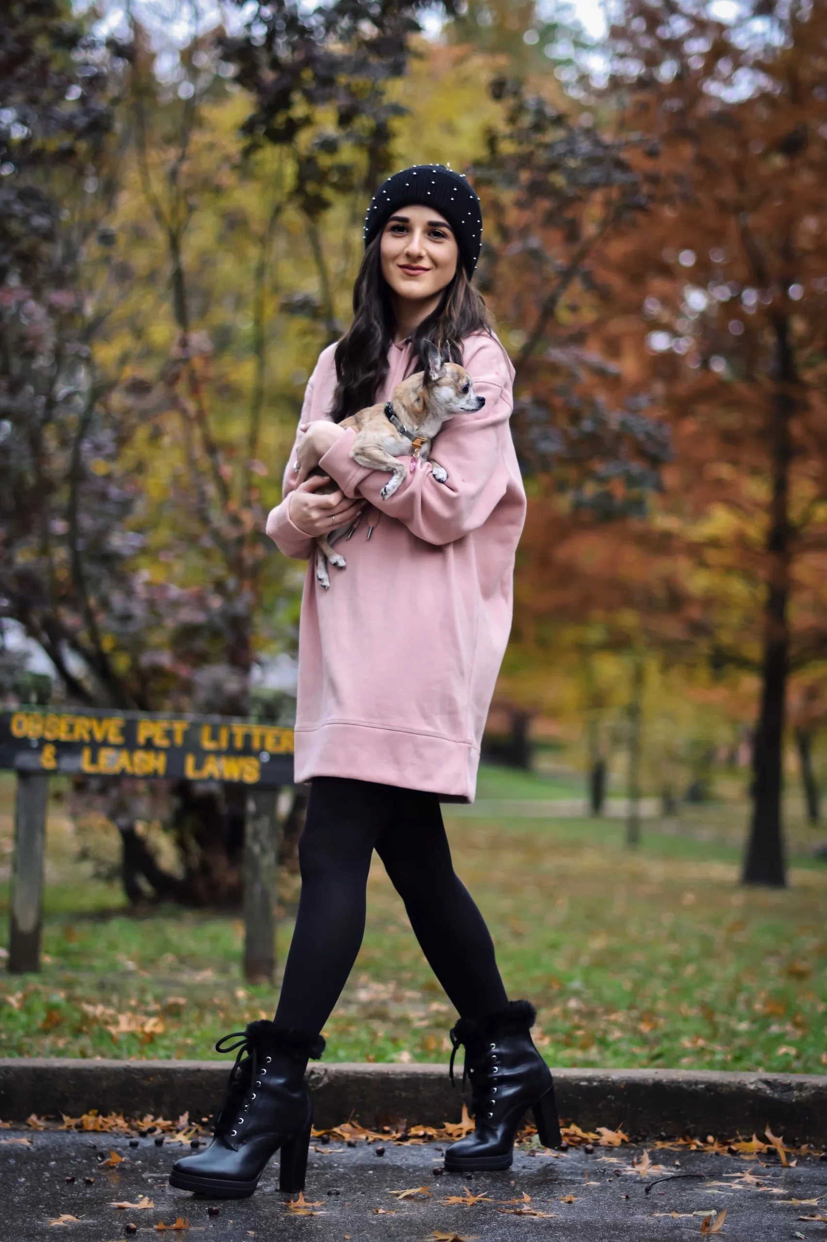 Beaded Beanie with Pink Hoodie and Lace-up Boots — Beanie Outfits