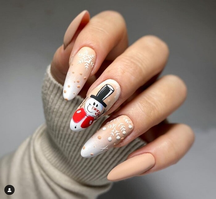 Snowman Art Nude to White Ombre Stilettos — Winter Acrylic Nails