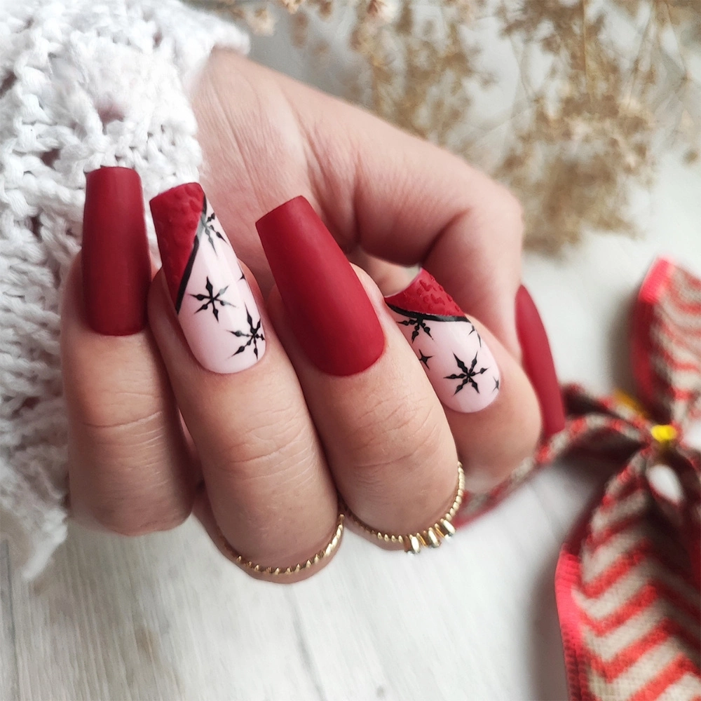 Matte Red with Knit Snowflakes Matte Red with Knit Snowflakes — Winter Nail Designs