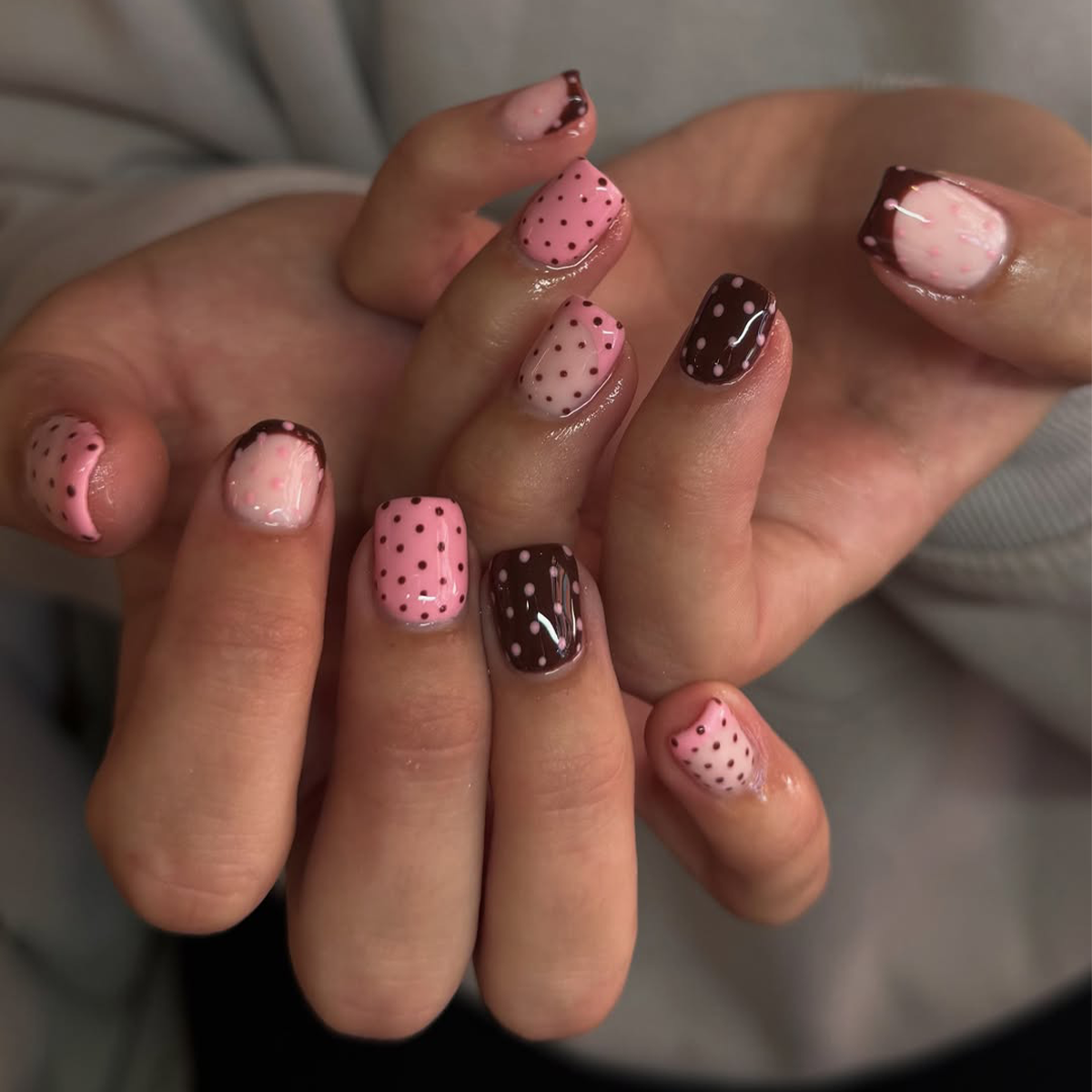 Pink and Brown Polka Dot Squovals — Winter Squoval Nails