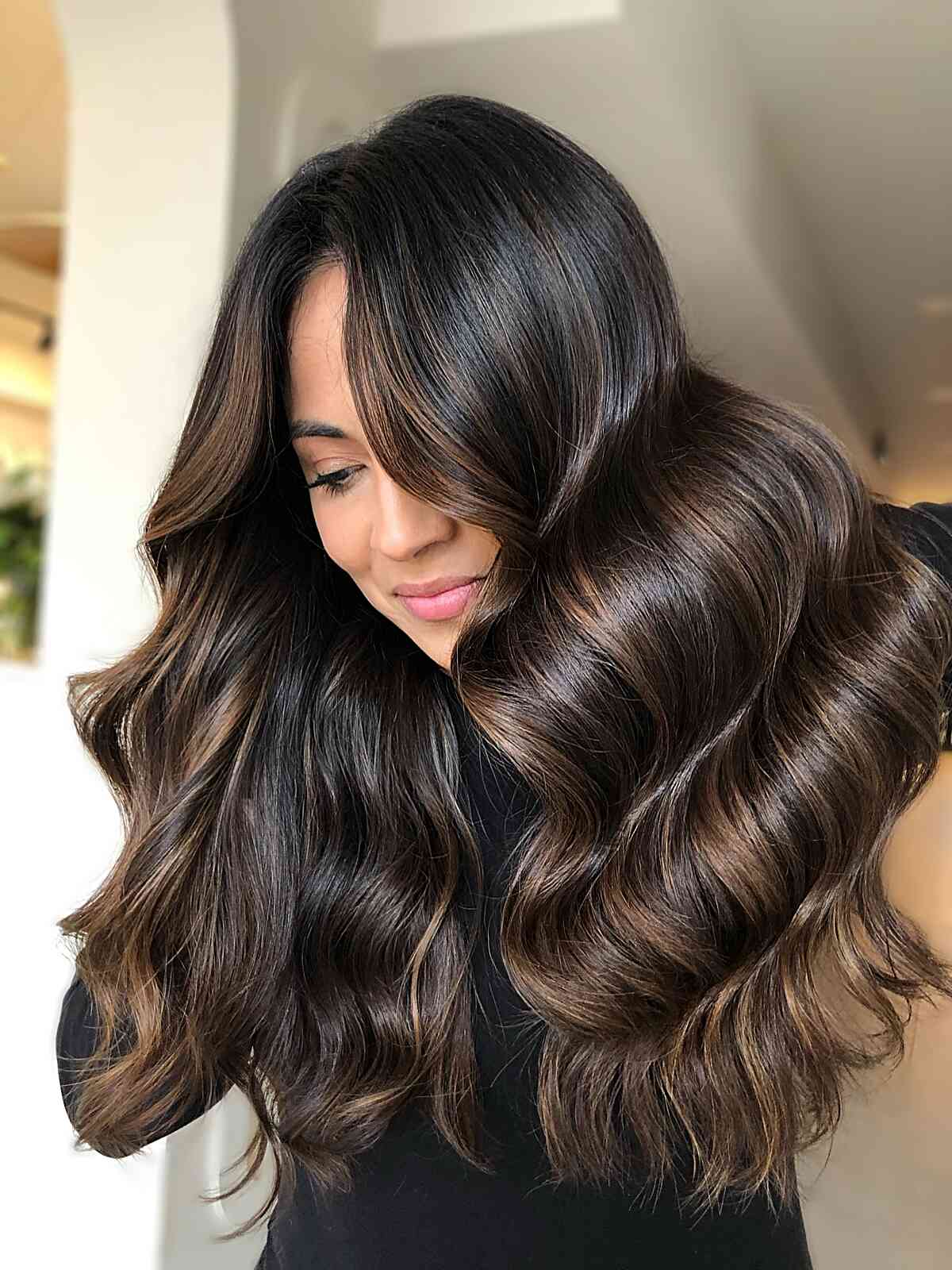 Voluminous Waves With Side Sweep Voluminous Waves With Side Sweep — Dark Chocolate Brown Hair