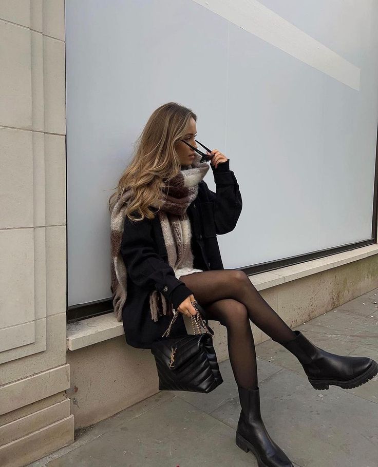 Chunky Striped Scarf with Black Jacket and Combat Boots — Cold Weather Outfits