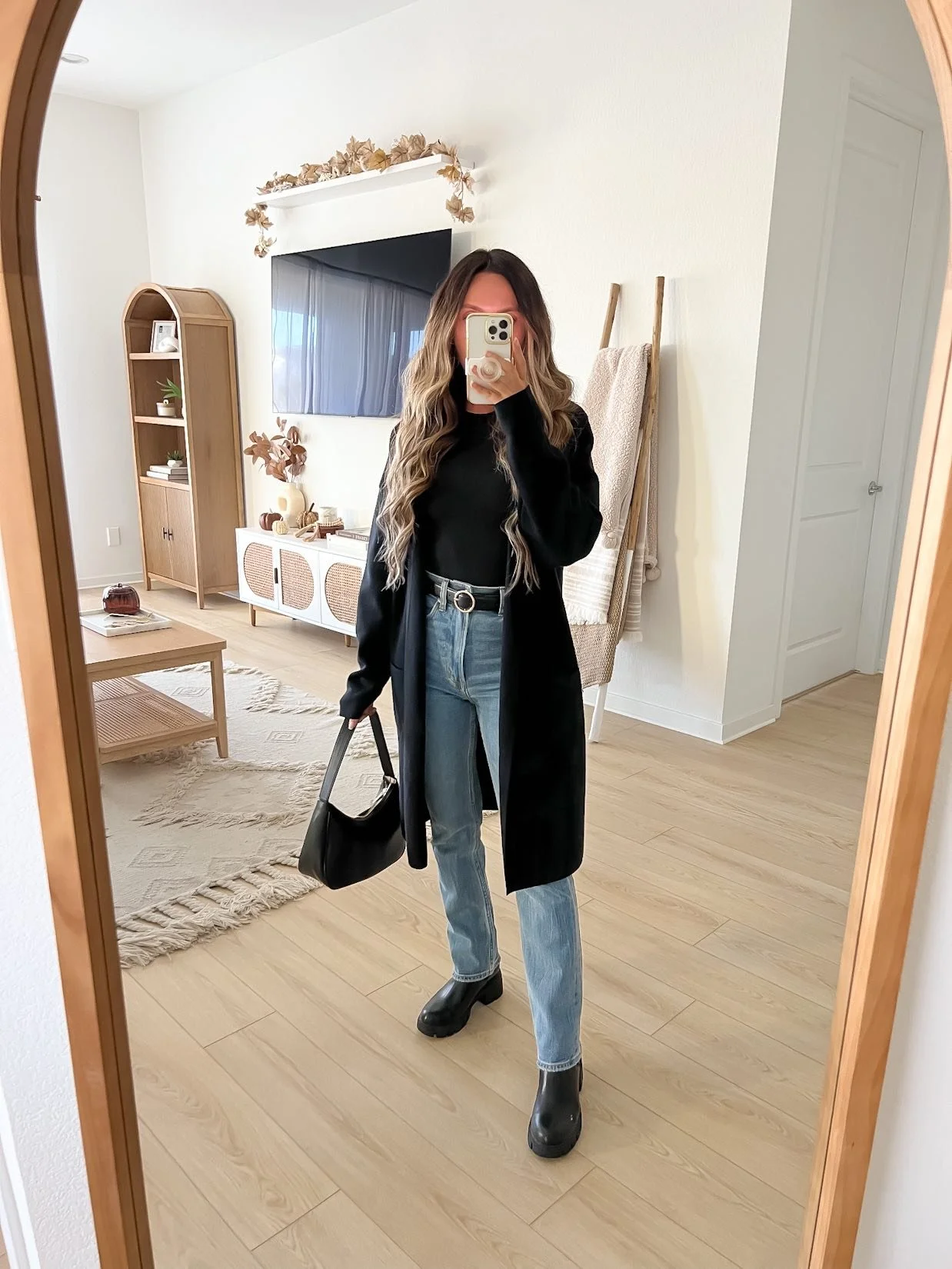 Chunky Sole Boots with Straight Leg Jeans and a Longline Cardigan — Snow Boots Outfits