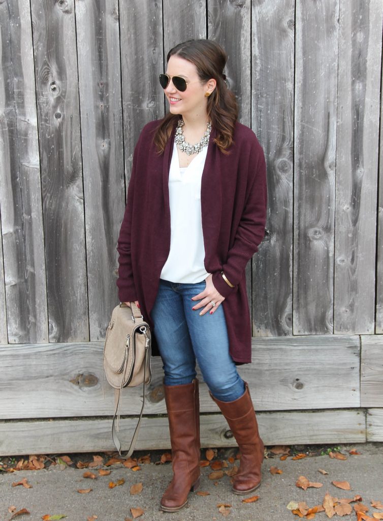 Casual Fall Style with Burgundy Cardigan and Brown Boots Casual Fall Style with Burgundy Cardigan and Brown Boots — Riding Boots Outfits