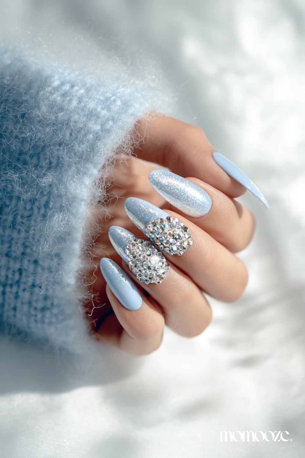 Shimmer Glitter Rhinestone Visual Idea — Winter Almond Nails