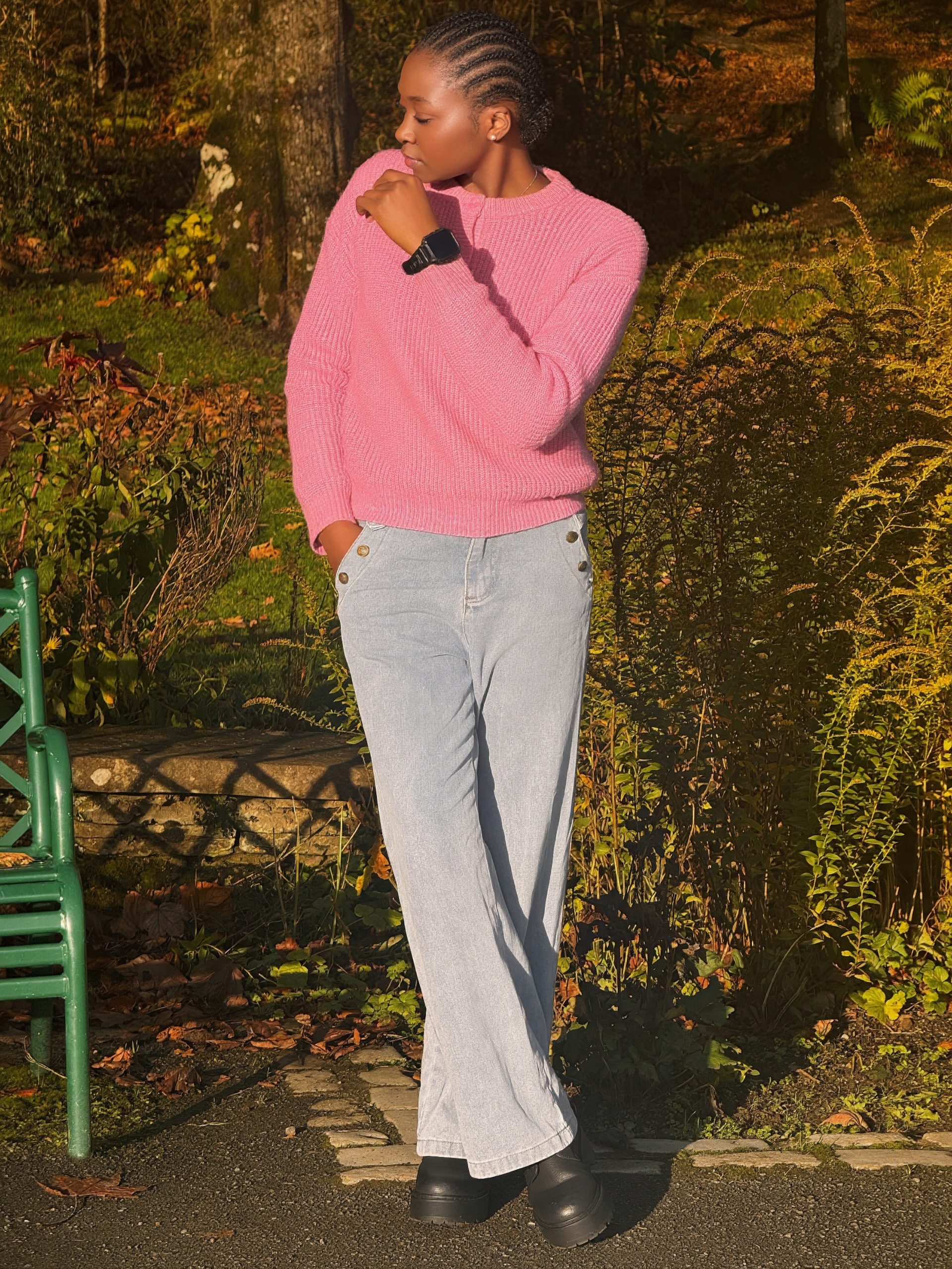 Bright Pink Sweater with Light Blue Corduroy Pants — Winter Outfits for Black Girls