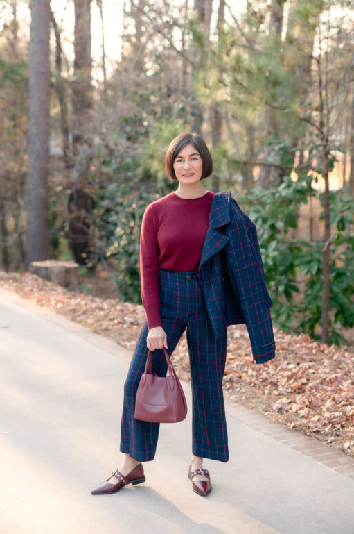 Work-Ready Burgundy Sweater with Plaid Suit and Loafers — Burgundy Outfits